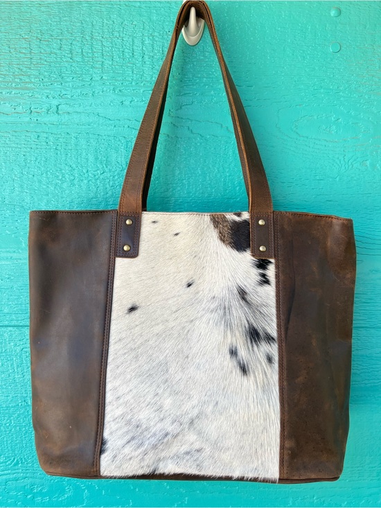 Myra Bag Handbags - MYRA DISTRESSED BROWN LEATHER TOTE BAG WITH COW HAIR PANEL LARGE